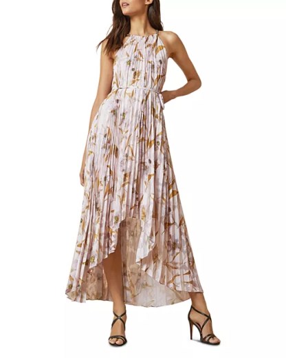 Ted Baker Dixxie Pleated Dress Pink Floral High/Low Maxi wedding guest