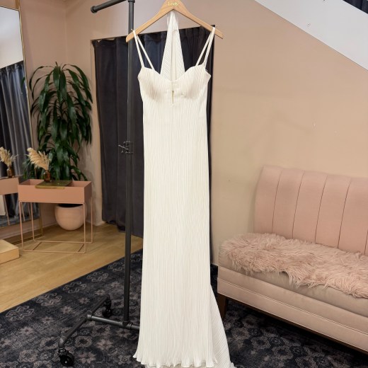 Micro-Pleated Halter Cutout Sheath Gown - Klein