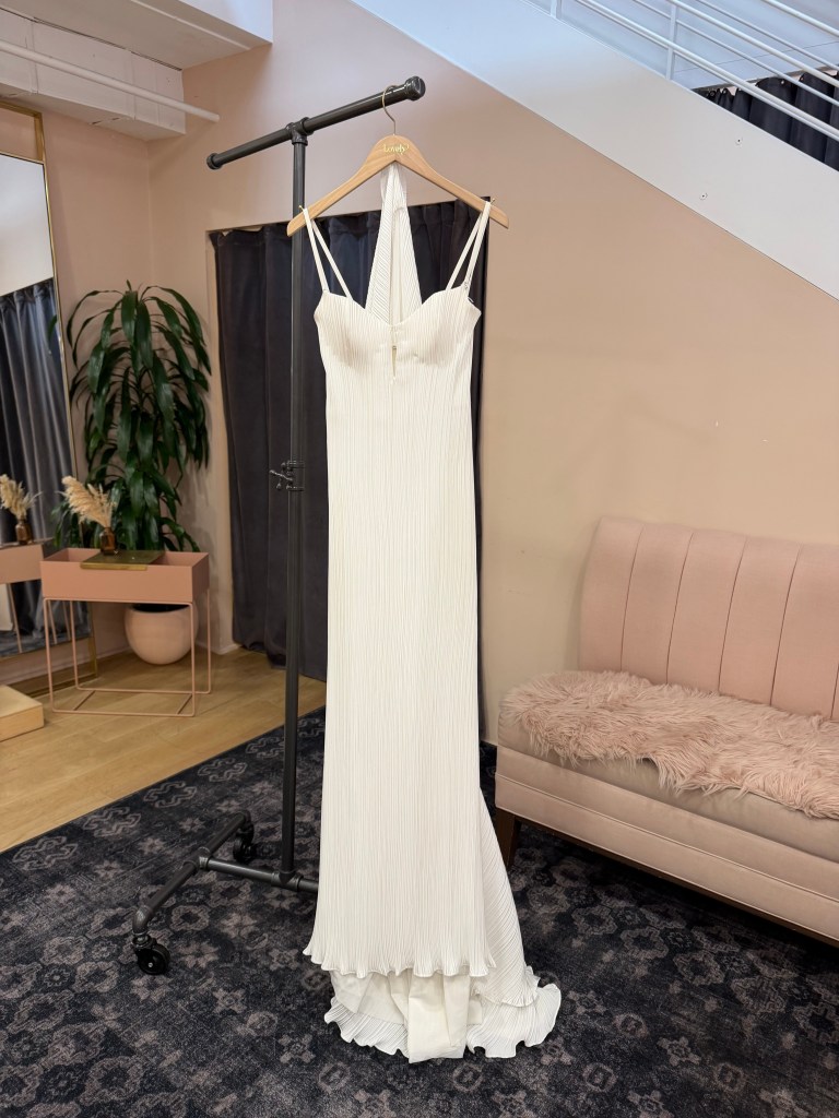 Micro-Pleated Halter Cutout Sheath Gown - Klein
