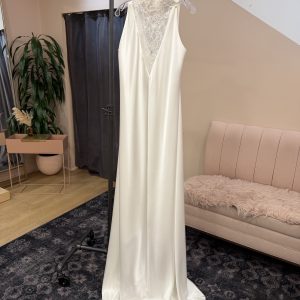 V-Neck Sheath Gown with Lace Back Panel - Thierry