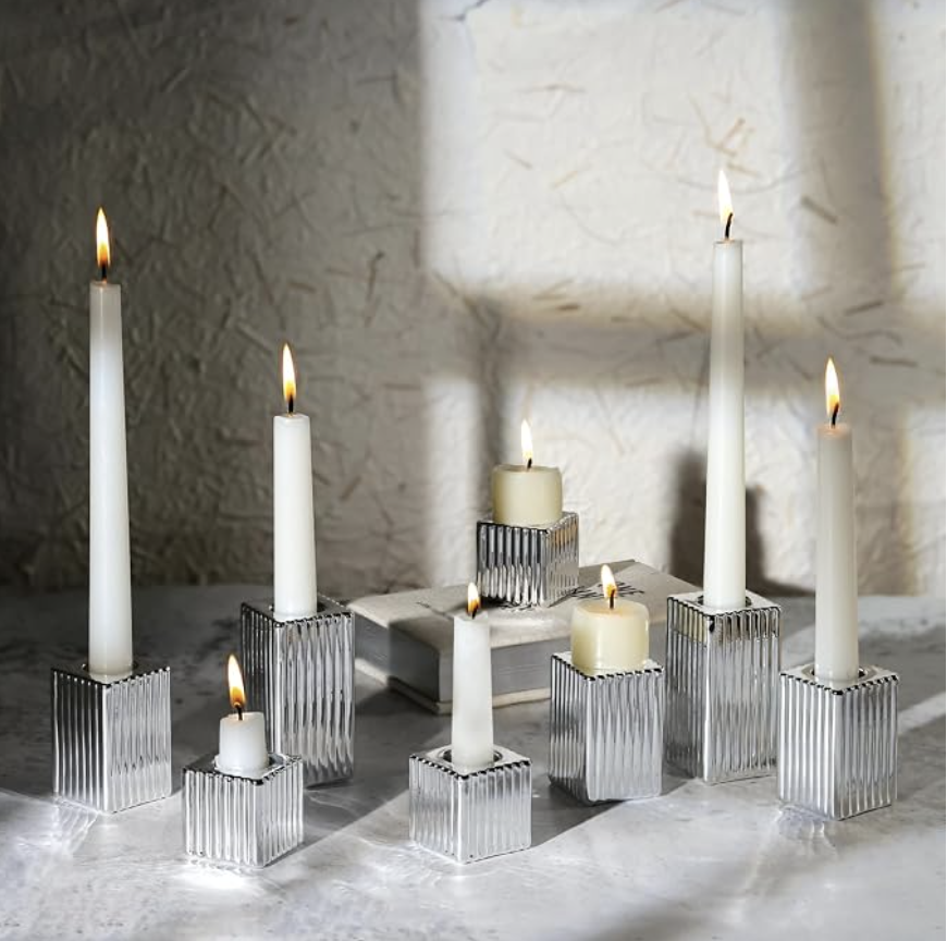 12pcs Silver Chrome Vertical Stripe Glass Candlestick Holders - Image 2