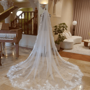3D Flowers Lace Wedding Veil Cathedral Length